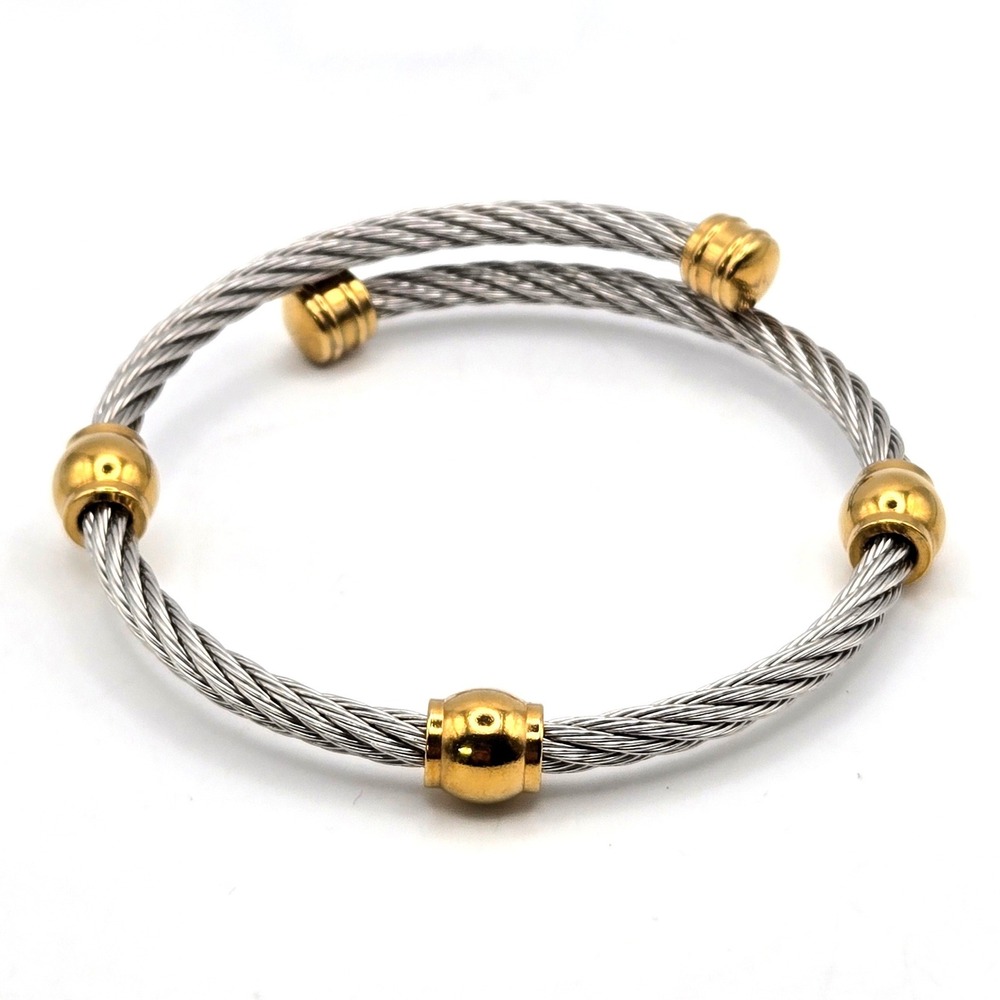 Two Tone Twisted Cable Bangle Bracelet Silver Gold Tone Stainless Steel